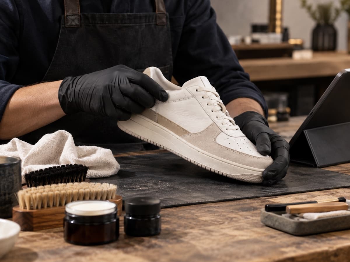 Expert examinant les matières et les coutures d’une sneaker avant son nettoyage