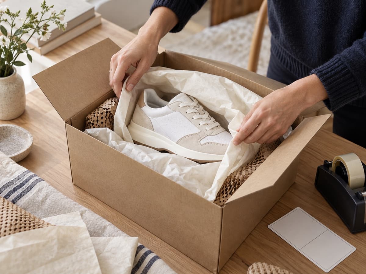 Sneaker soigneusement protégée dans un colis avant son expédition à l’atelier